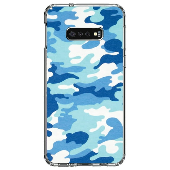 DistinctInk Clear Shockproof Hybrid Case for Samsung Galaxy S10e (5.8" Screen) - TPU Bumper, Acrylic Back, Tempered Glass Screen Protector - Blue White Camouflage - Camouflage Pattern