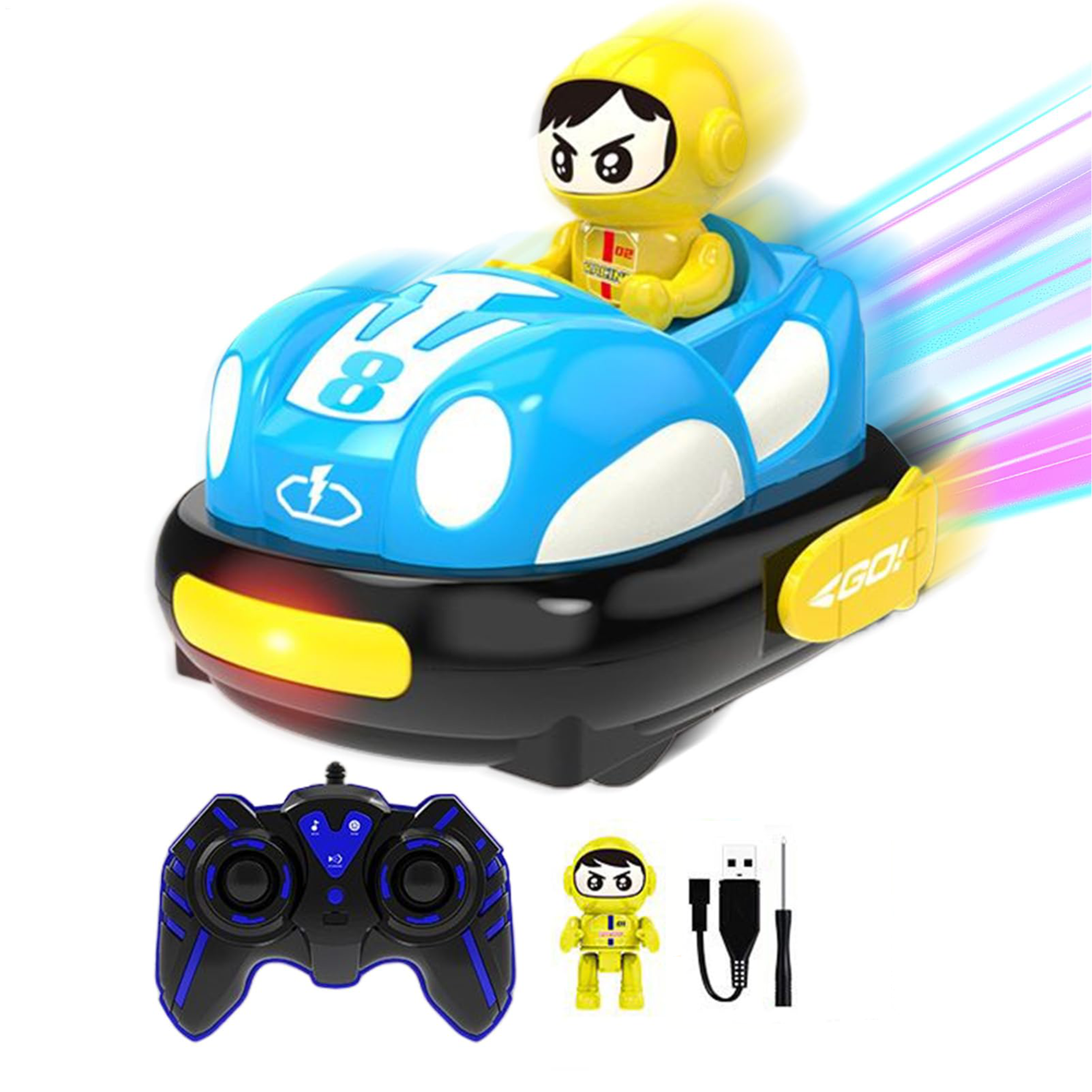 RC Bumper Car Funtogether Toys, 2-Player Set with Ejector Seats, Lights & Sounds, 2.4GHz Remote, USB Rechargeable, Red & Blue