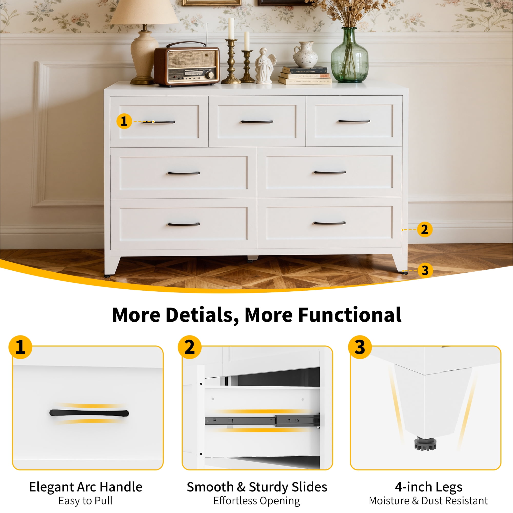 ShiKeyi 7 Drawer Dresser for Bedroom, Modern Metal Wide Storage Chest with Metal Handles and Legs, White