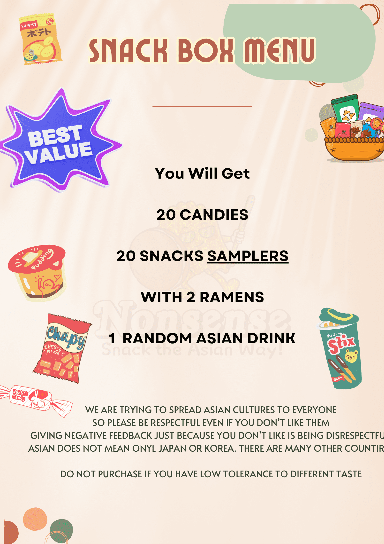 Asian Snack Box Gift Set (40 Treats + 2 Ramen + Drink) – Japanese, Korean & Chinese Snacks, Candy, Chips & Noodles Sampler