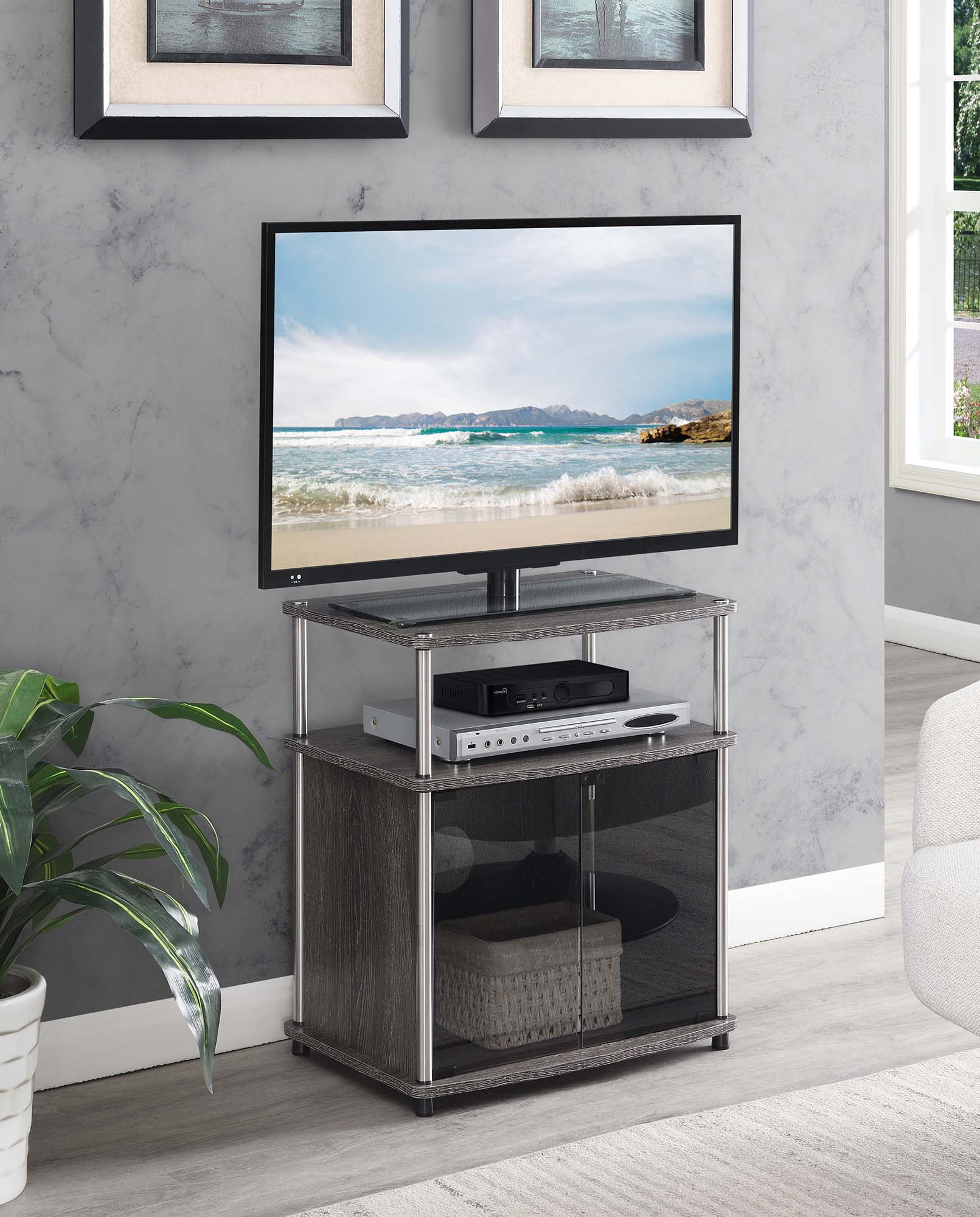 White Finish Designs2Go TV Stand with Black Glass Cabinet 151056W 