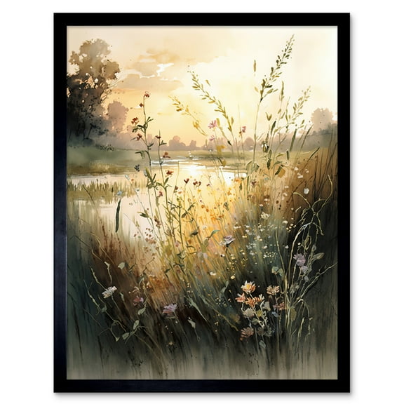 Serene Lakeside Landscape with Wildflowers at Dawn Modern Watercolour Painting Art Print Framed Poster Wall Decor 12x16 inch