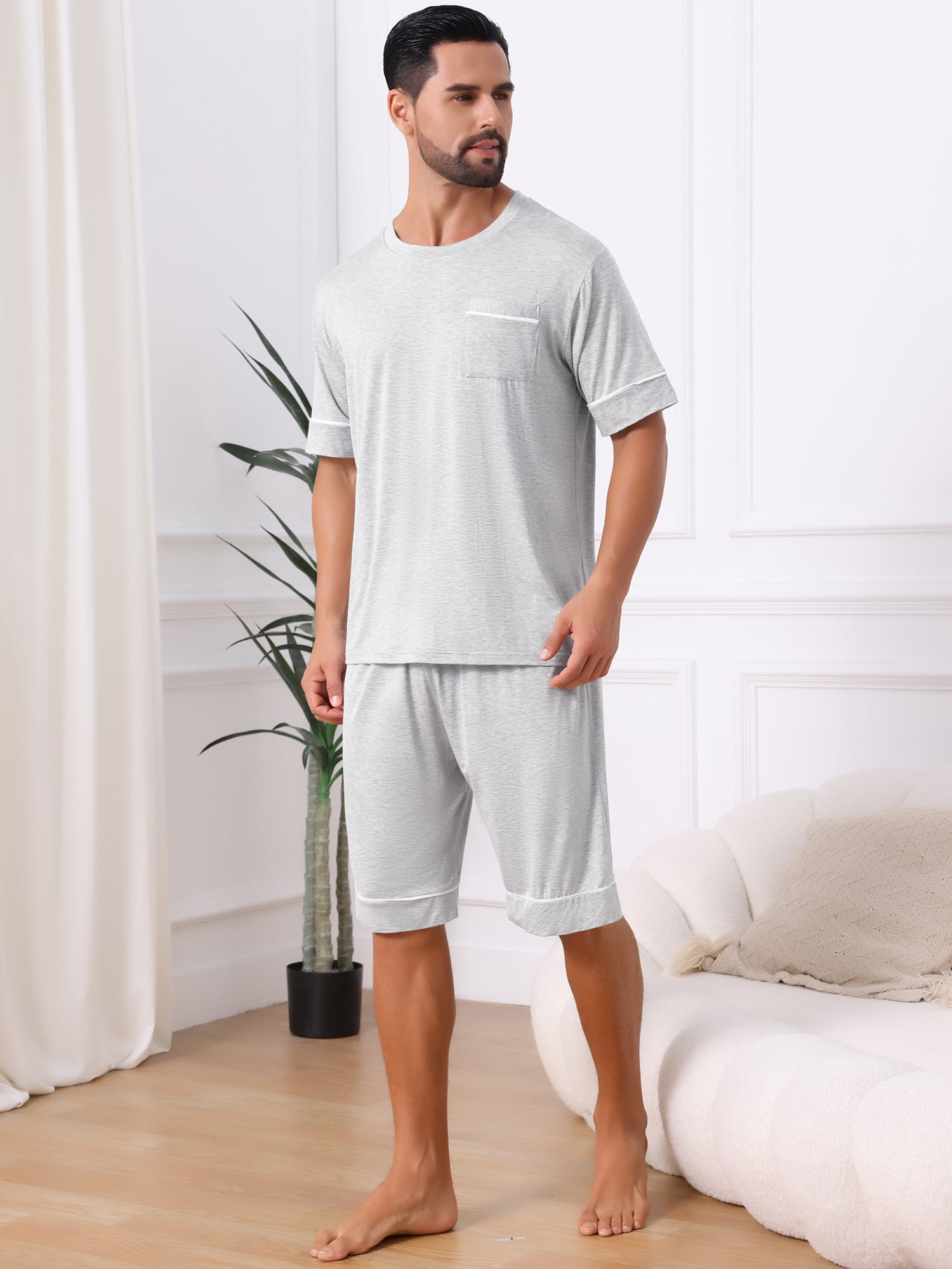 DARING DIVA Men's Soft Nightwear Summer Crew Neck Pajama Set with Pockets 2XL Light Gray