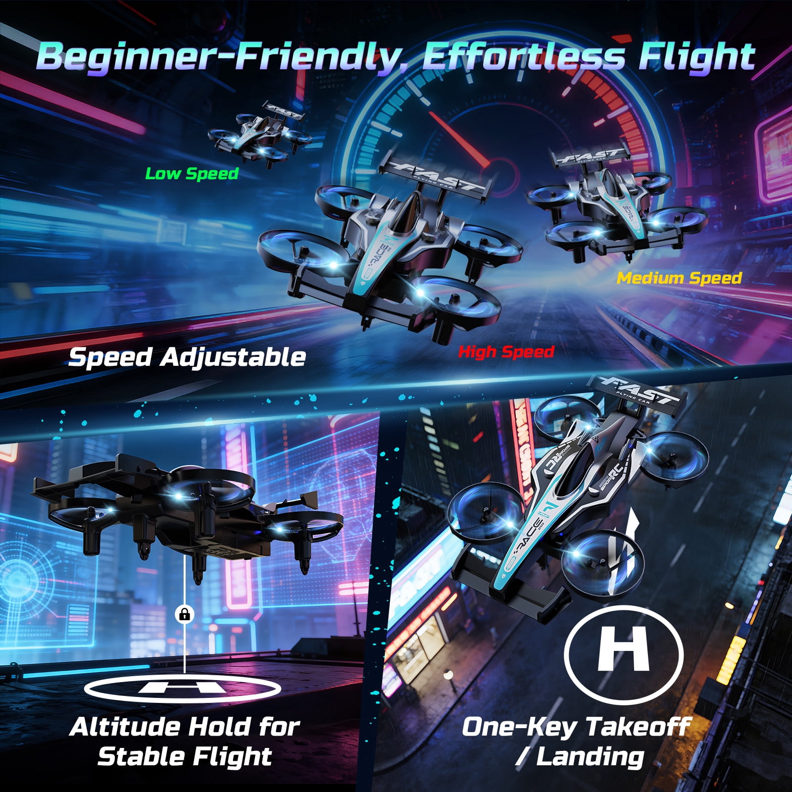 Wefone ZF24 2-in-1 Drone and RC Car, Easy for Beginners, 3 Adjustable Speed, 360°Flip, Headless Mode, High Speed Rotation, 2 Batteries, Green