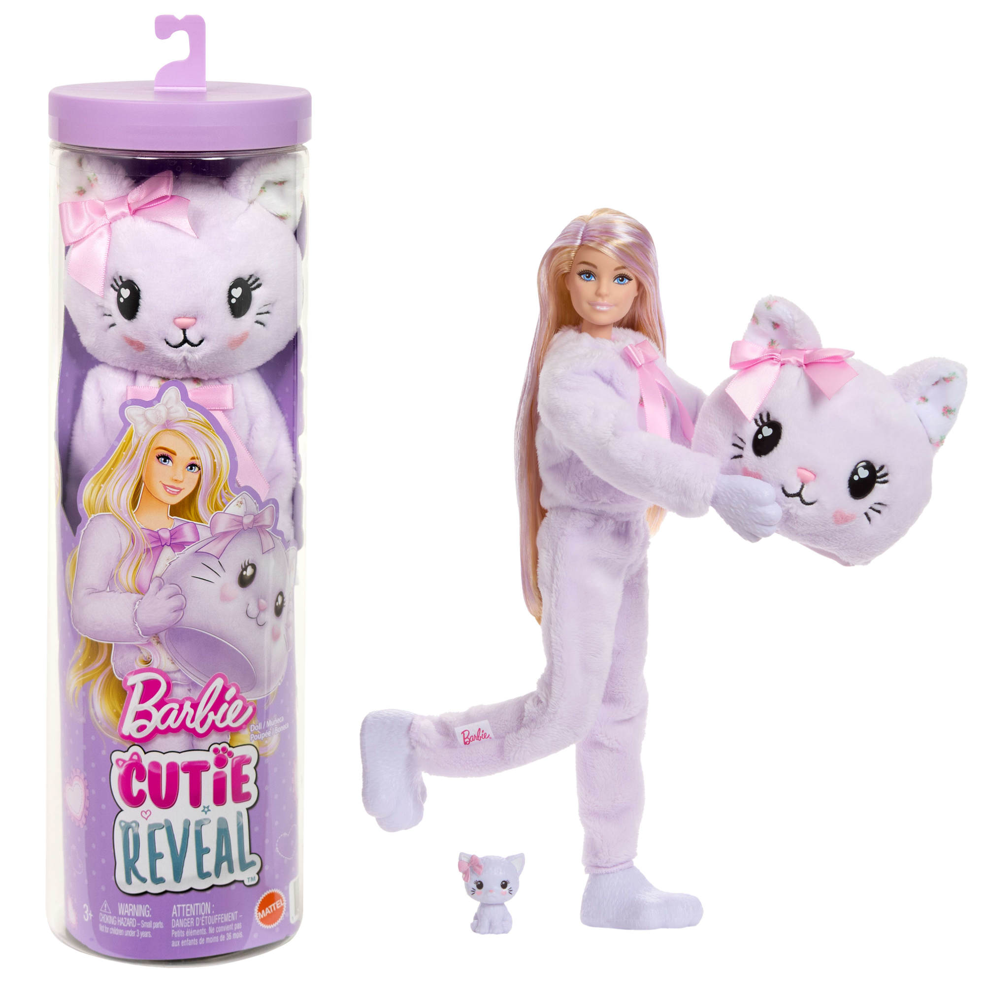 Barbie Cutie Reveal Doll & Accessories, Cuddly Series Kitten with 10 Surprises Including Mini Pet