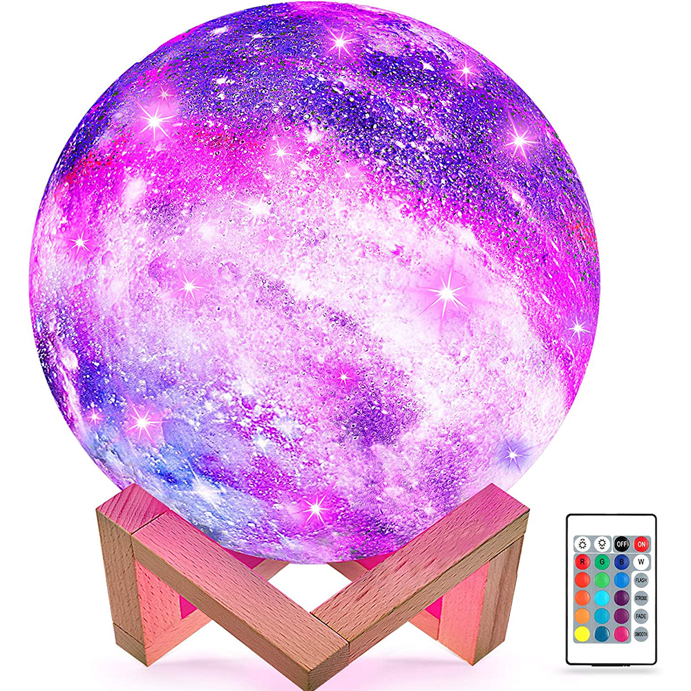 IM Lashes 3D Galaxy Moon Lamp with Wooden Stand, Touch/Remote Control