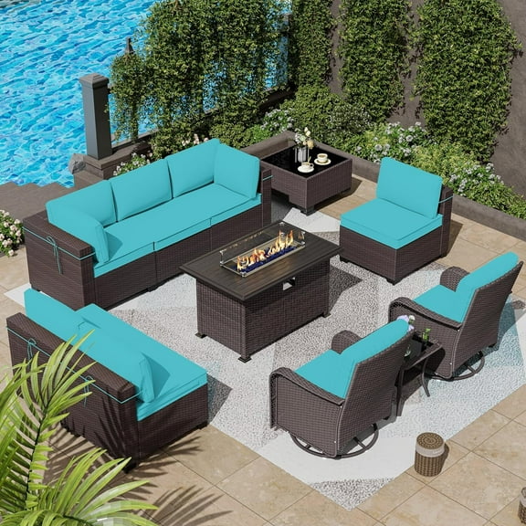 ASJMR 11 Pieces Outdoor Patio Furniture Set with Fire Pit Table & Swivel Chairs,Outside PE Rattan Wicker Sectional Sofa Conversation Sets with Green Cushions