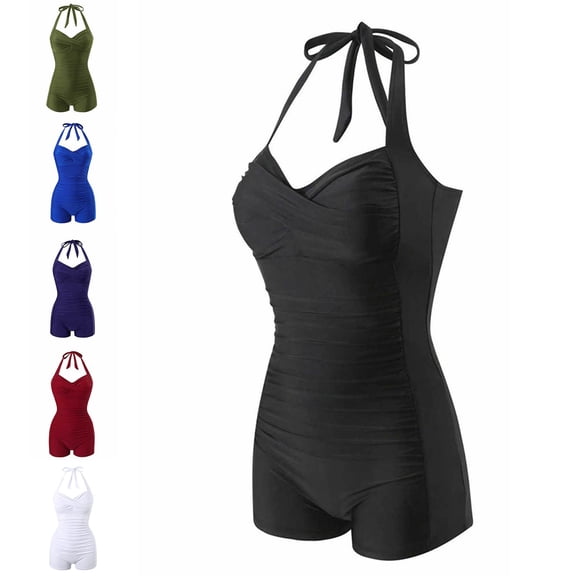 Vetsdori One Piece Swimsuits for Women Tankini Solid Color Swimwear Tummy Control Boyleg Shorts,Trajes De Bano Mujer Halter Casual Womens Bath Suits