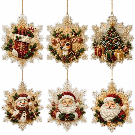 Christmas Diamond Art Wood Ornaments, 6 Pack DIY Gem Pearl Kit for Tree Decor