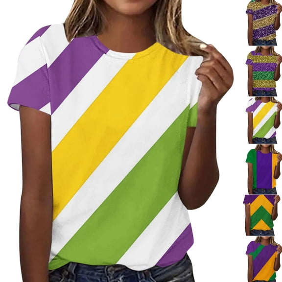 Gamivast Women Carnival Tops Striped Loose Fitted Short Sleeve Sequin Tees Holiday Crewneck Tunic Mardi Gras Party Tshirt Fat-Tuesday Outfits 2026
