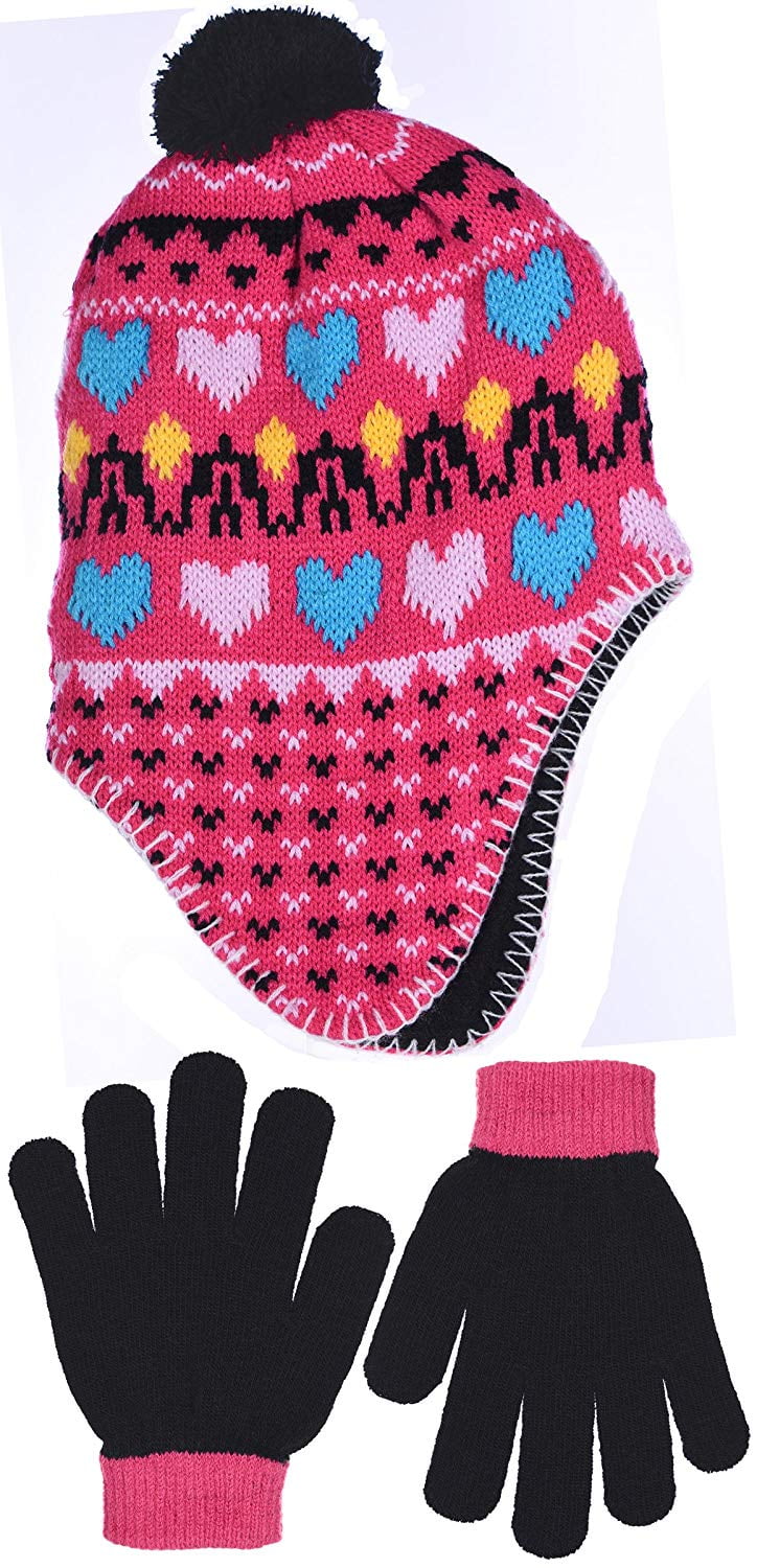 SWAK Girls Micro-Fleece Lined Knit Hat Ear Flaps Pom Top in 3 Colors
