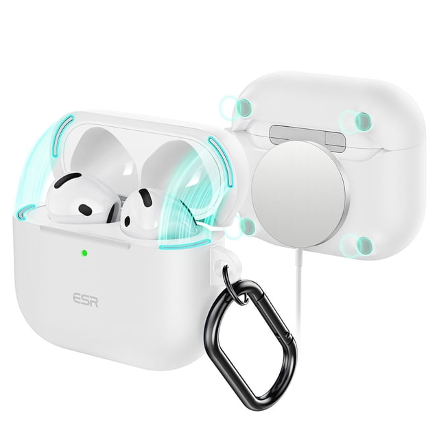 Funda para AirPods 4 ESR con protección total contra caídas y mosquetón, color blanco