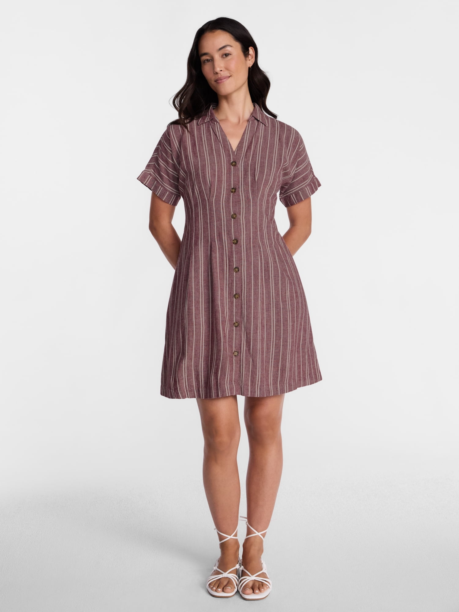 Time and Tru Women's Linen Blend Pleated Mini Shirtdress with Short Sleeves, Sizes XS-XXXL