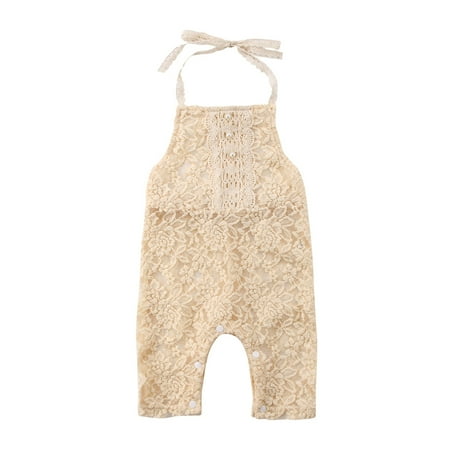 

Toddler Infant Baby Girl Summer Bodysuit Solid Color Floral Lace Pearl Bandage Halter Jumpsuit