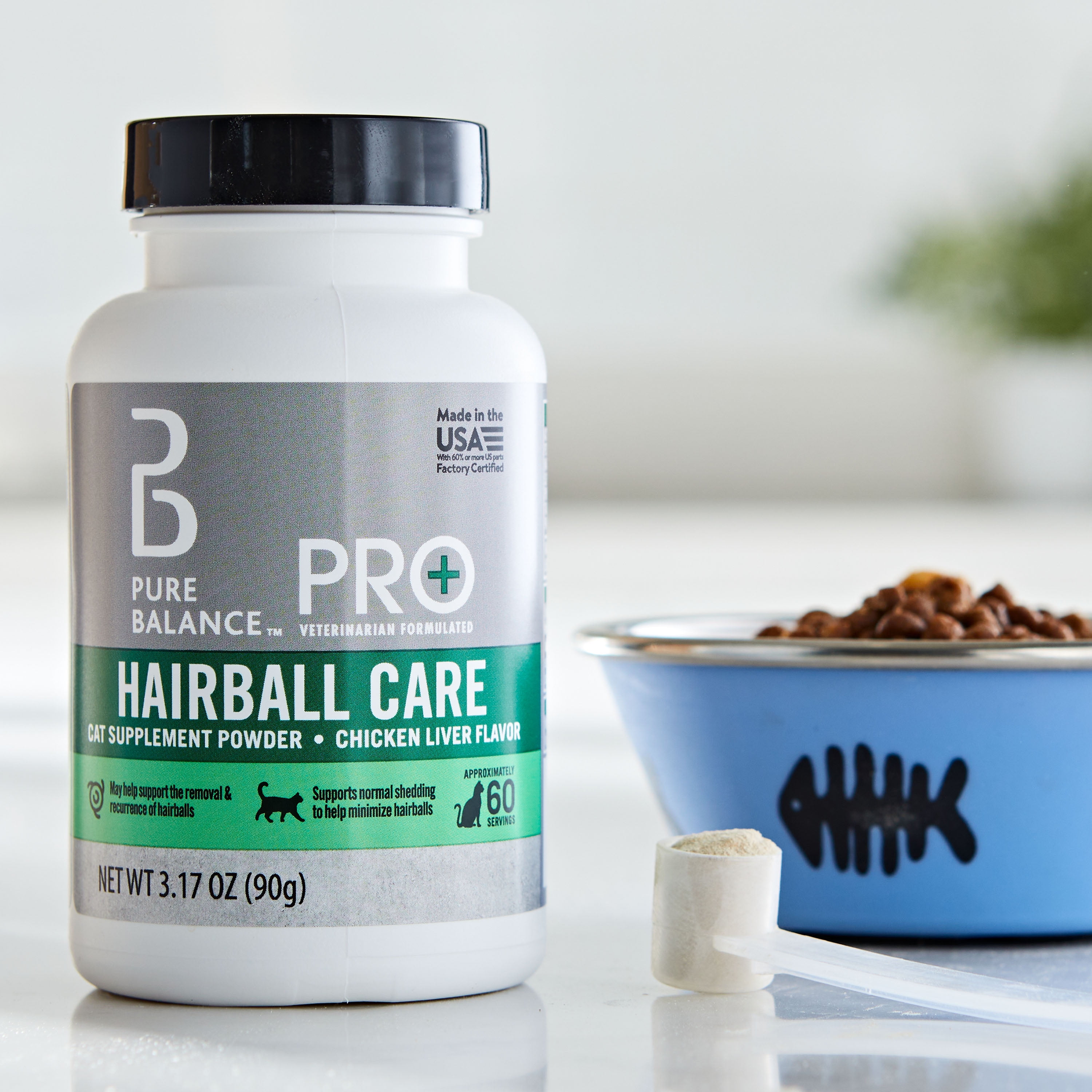 Pure Balance Pro+ Veterinarian Formulated Hairball Care for Cats, Psyllium Husk Pumpkin L-Taurine Minimize Hairballs from Developing Supplement Powder, Chicken Liver Flavor, 60 Servings