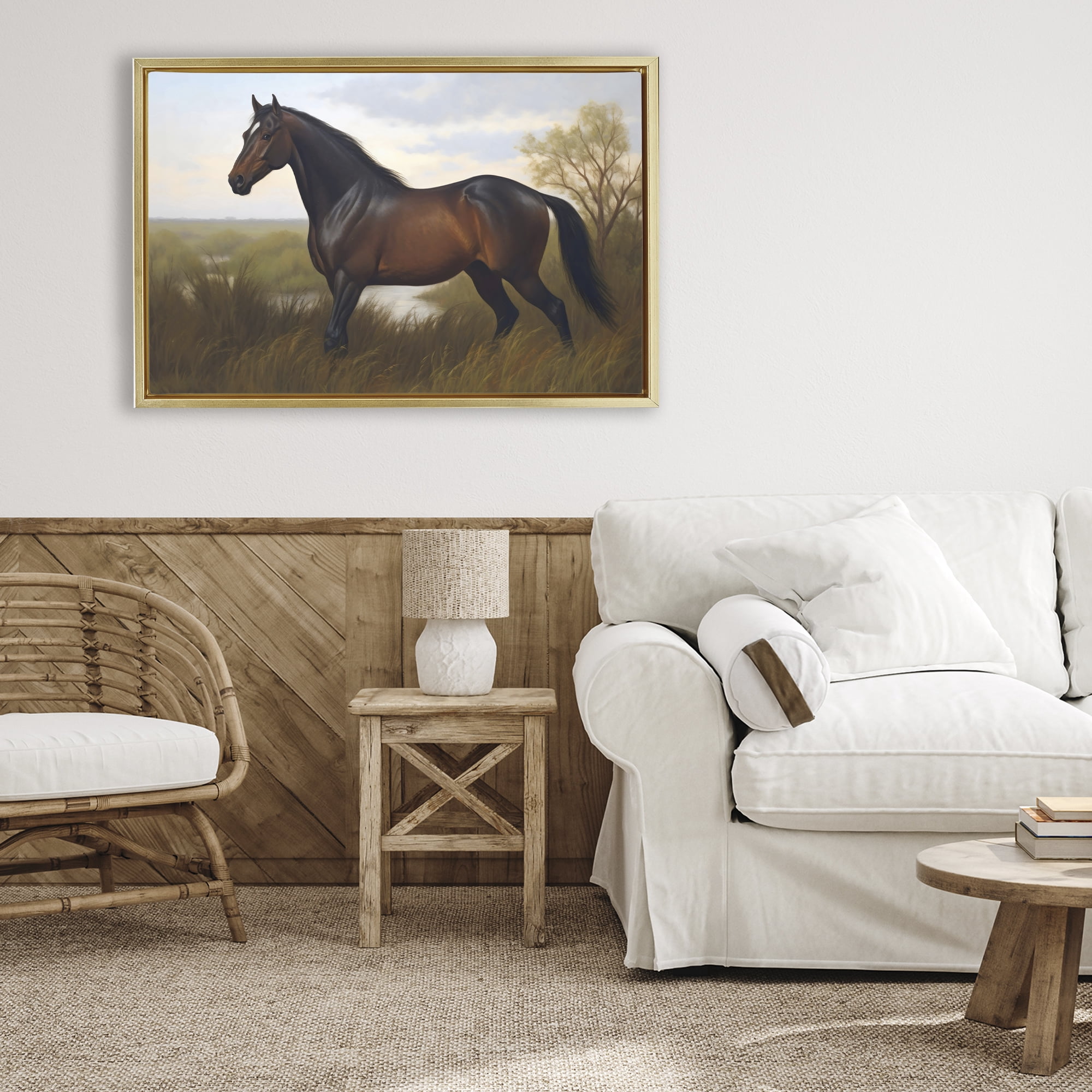 Stupell Industries Stallion in Marshland Gold Framed Floater Canvas Wall Art, design by Creative Studio