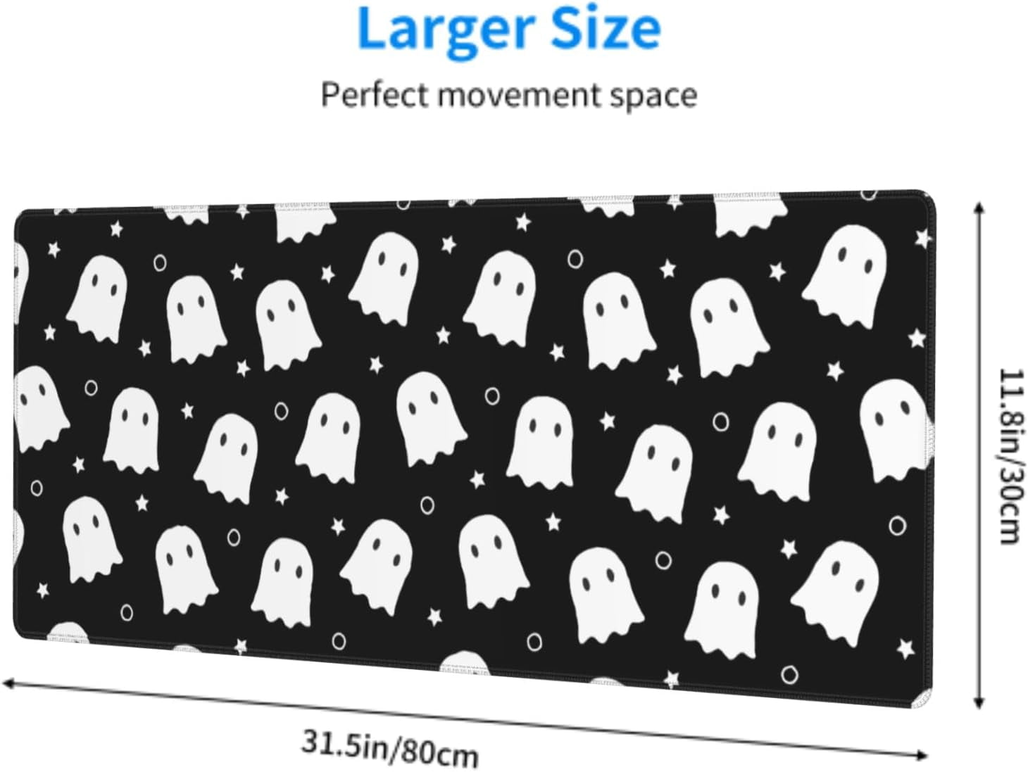 Cute Ghost Mouse Pad XL 31.5 X 11.8 Inch Halloween Kawaii Spooky Funny Design Black White Gaming Mousepad Extended Large Laptop Keyboard Desk Mat Non-Slip Rubber Base Stitched Edges for Home Office