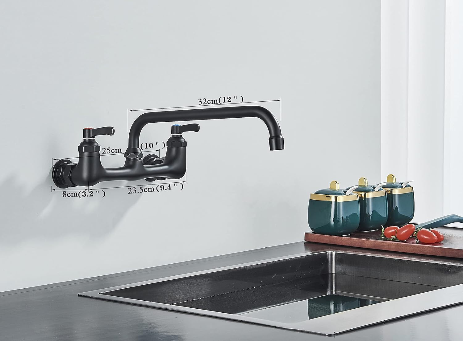 Zovajonia Kitchen Sink Faucet 8 Inch Center with 12 Inch Swivel Spout 2-Handle Wall Mount Kitchen Faucets for Home Restaurant Industrial Matte Black