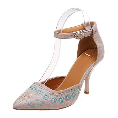 

Party Wedding Basic Shoes Womens Ankle Strap Pumps Pointed Toe Ankle Strap Buckle Stiletto Stiletto Heel Dress Sandals with Floral Embroidery