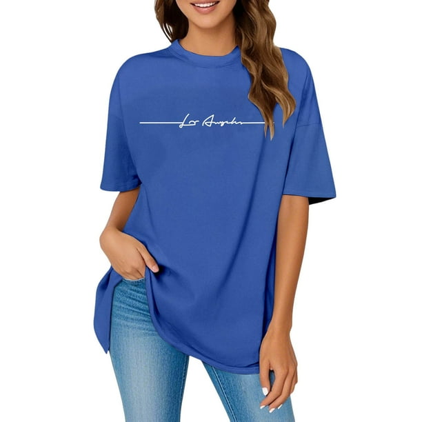 Camiseta oversize con estampado de letras para mujer: cuello redondo, manga corta, blusa holgada informal, ropa deportiva de verano, tallas S/XXL.