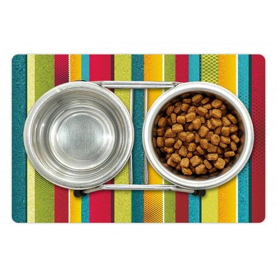 Vintage Rainbow Pet Mat for Food and Water, Ragged Aged Vertical Stripes with Retro Halftone Effects Dirty Grained Look, Non-Slip Rubber Mat for Dogs and Cats, 18" X 12", by Ambesonne