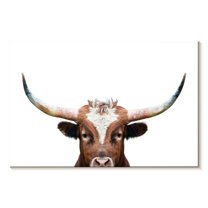 Elephant Stock Peeking Long Horn Wall Art - Horizontal Canvas Wall Art - Living Room Wall Decor - Animal Canvas - White And Brown Decor By Sisi And Seb - 30" x 20"