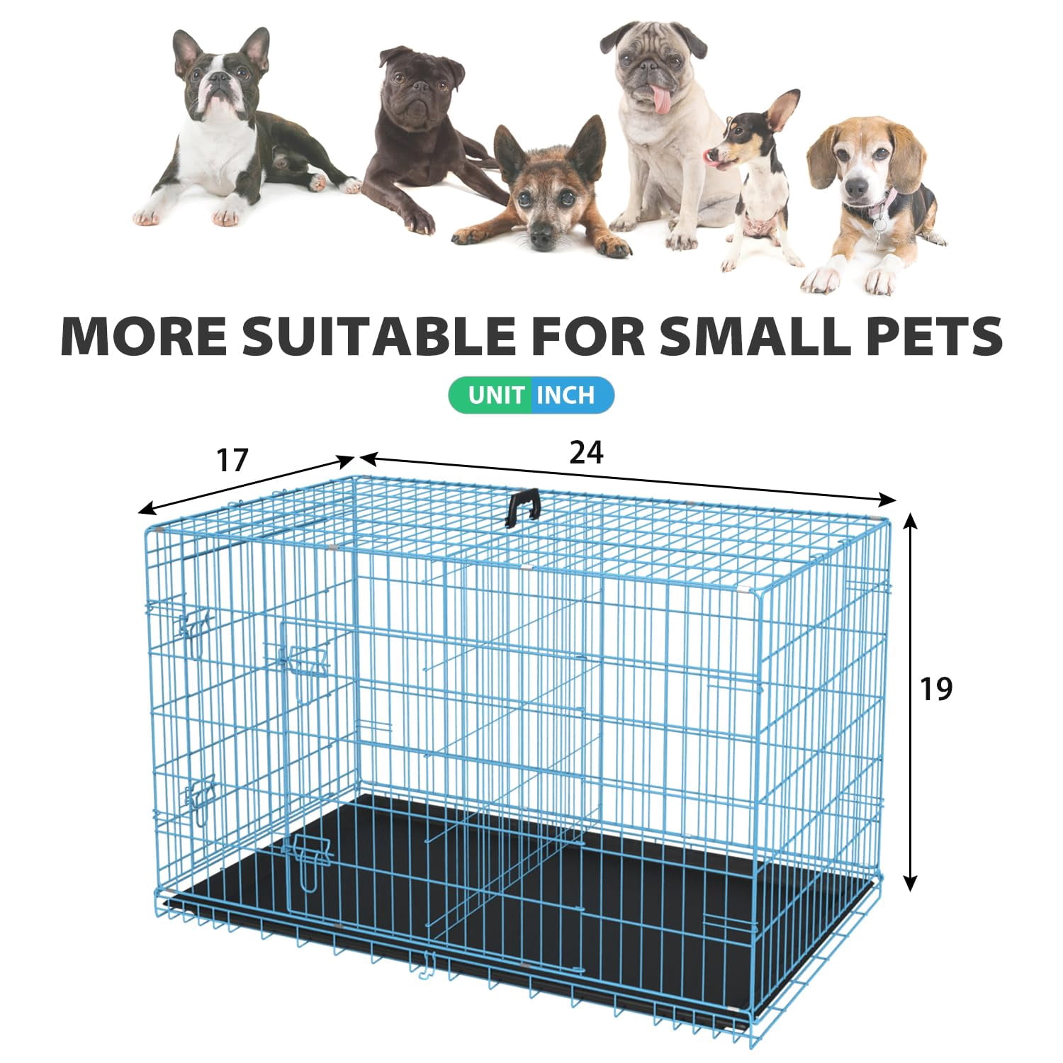 XF XINFENG 24 Inch Dog Crates for small dogs Folding Metal Kennel with Double Doors Leakproof Tray Portable Dog Cage for Travel, Indoor & Outdoor Use Blue