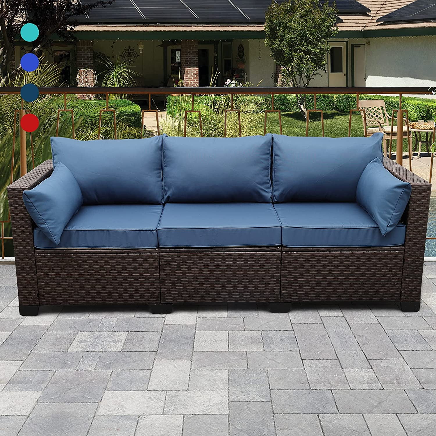 Patio PE Wicker Couch 3-Seat Outdoor Brown Rattan Sofa Seating Furniture with Peacock Blue Cushion 
