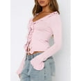 thumbnail image 6 of Women Ruffle Tie Front Cardigan Sweater Long Bell Sleeve Cropped Knit Sweater Top Pink M, 6 of 7