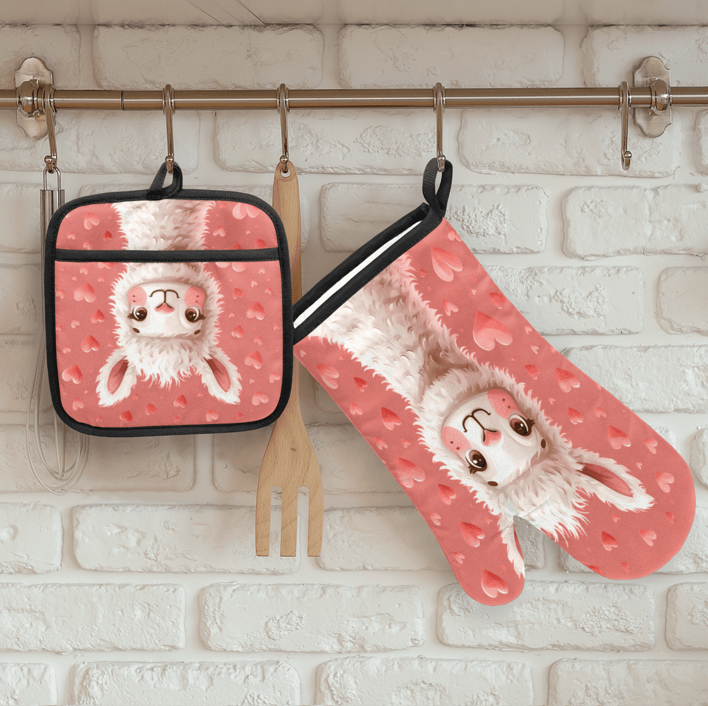 CURLYOOT Cute Animal Alpaca Llama Oven Mitts and Pot Holders Sets of 2, Non-Slip Washable Hot Pads and Oven Gloves for Kitchen Cooking Baking