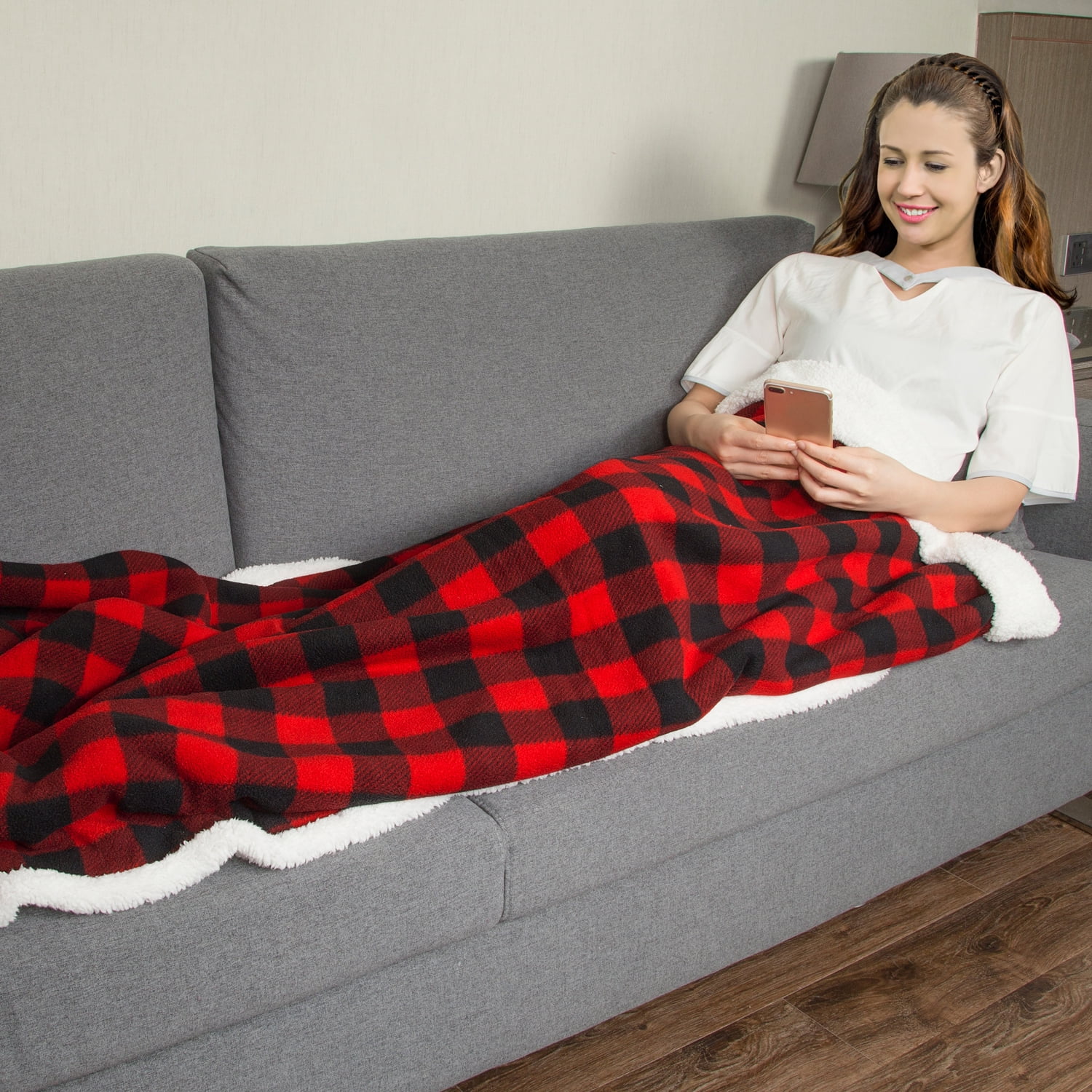 Catalonia Buffalo Plaid Sherpa Throw Blanket, Super Soft Reversible Fleece Blanket for Cabin Bed or Couch, Red Plaid, 50"" x 60"".