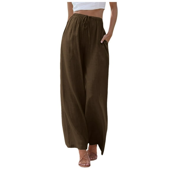 Dpytoraw Women High Waisted Wide Leg Pants Fashion Drawstring Elastic Trousers Comfy Straight Leg Long Pants With Pockets Coffee