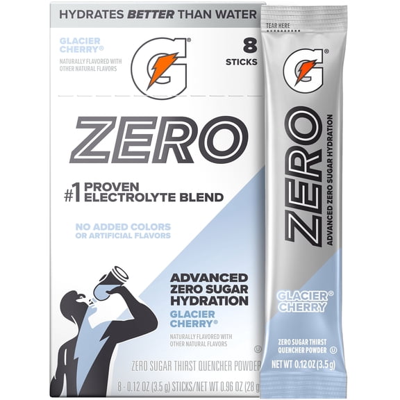 Gatorade Zero Sugar Glacier Cherry, On the Go Packs, Electrolyte Powder Drink Mix, 0.12 oz, 8 sticks
