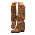 thumbnail image 4 of Shadoumai Women's Slouchy Knee High Boots Pointed Toe Leather Motorcycle Boots Vintage Low Heel Retro Foldover Fall Pull On Stacked Heeled Goth Winter Boots, 4 of 10