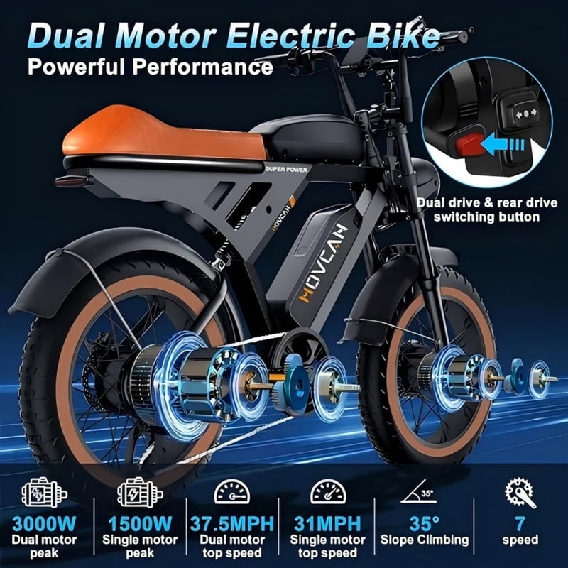 Movcan V30 PRO MAX 3000W (Peak) Dual Motor Dual Battery All Terrain Off-road Bicycles, 20" Fat Tire Electric Motorcycle Bike, Hydraulic Brakes 7-Speed Full Suspension UL2849