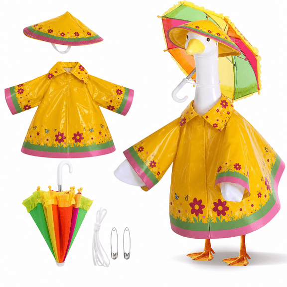 3PCS Raincoat Porch Goose Outfits, Goose Statue Costumes Set Raincoat Umbrella Hat for 23" Lawn Goose Statue, Outdoor Garden Decorations
