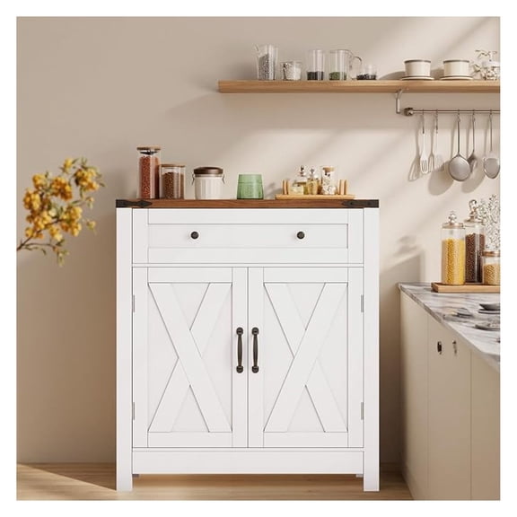 30" Coffee Bar Station, Kitchen Sideboard Buffet Cabinet with a Drawer and Adjustable Shelf, Modern Farmhouse Storage Cabinet for Kitchen, Living Room, Entryway, White