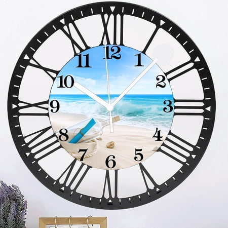 Iron Round Beach Blue Wall Clock for Bedroom Small Wall Clocks Battery Operated 10 Inch Farmhouse Clocks for Walls Style 10×10inch(25×25cm)