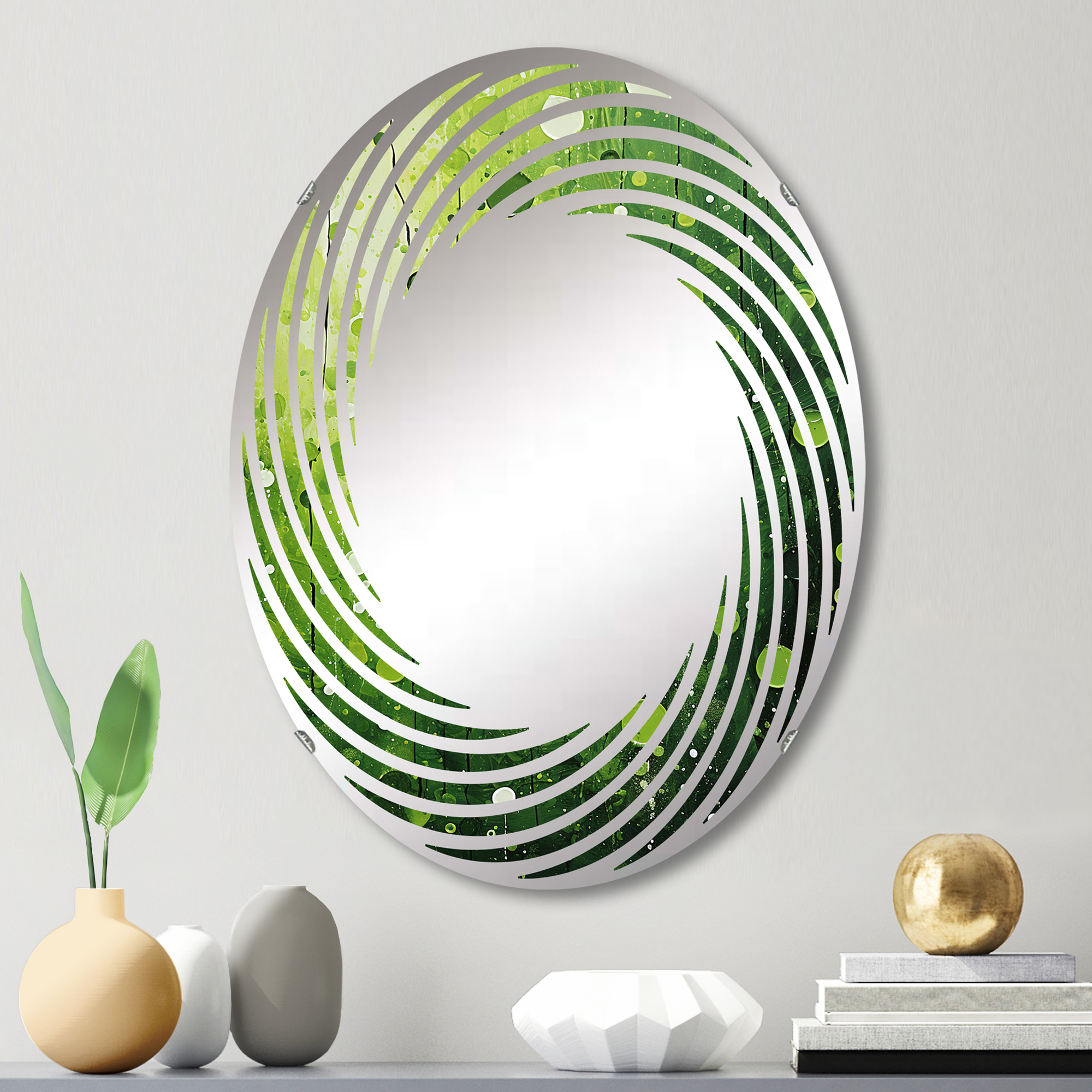 Designart "Botanical Quarters with a Quirky Twist" Pop Art Spiral Round Wall Mirror - Abstract Oval Printed Decorative Mirror - Multiple Color Options