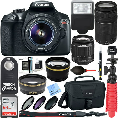 Canon T6 EOS Rebel DSLR Camera w/ EF-S 18-55mm IS II & 75-300mm III Lens Kit + Accessory Bundle 64GB SDXC Memory + SLR Photo Bag + Wide Angle Lens + 2x Telephoto Lens + Flash + Remote + Tripod & (Best Budget Canon Dslr Camera)