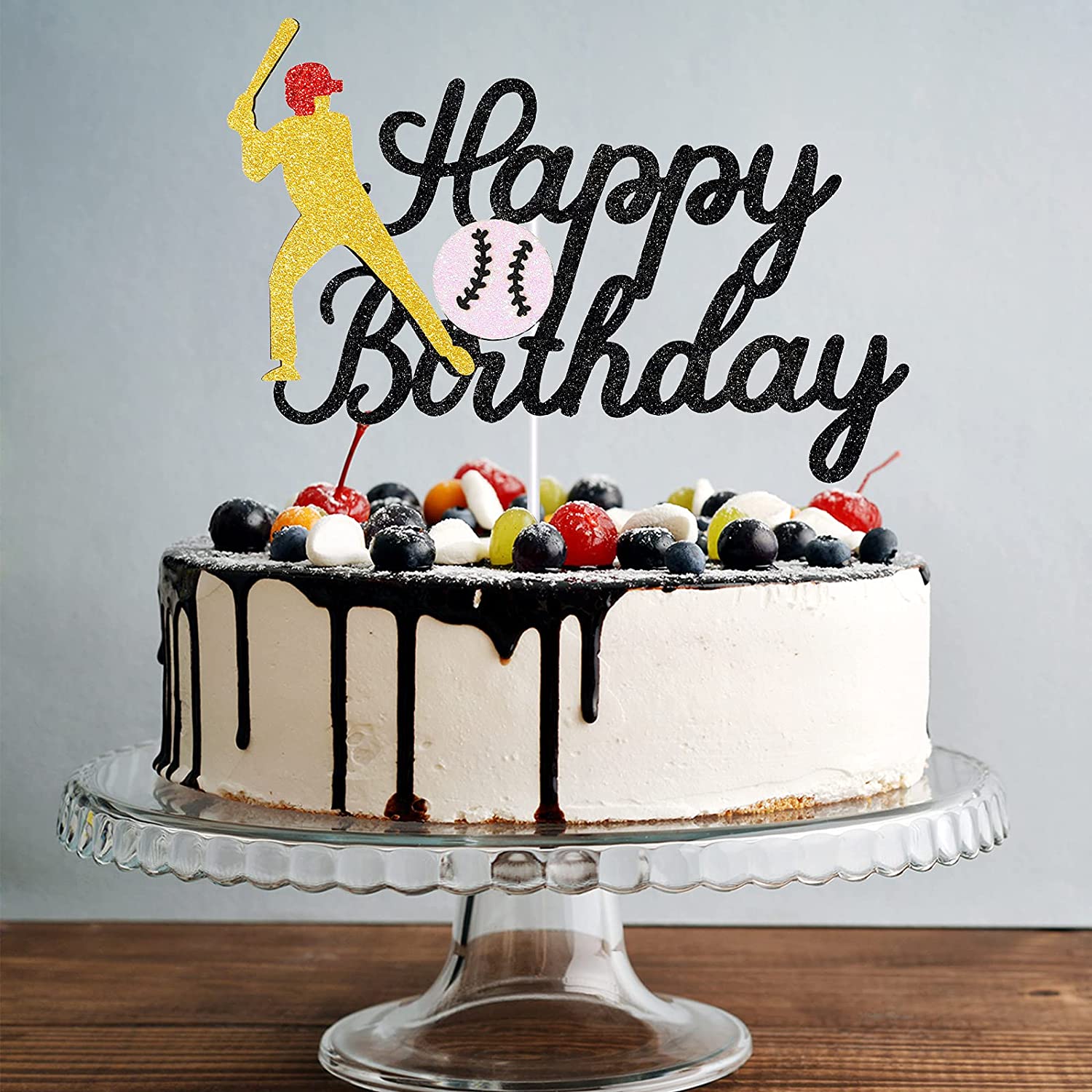 Baseball Kuchen Topper Mit Glitzer – 13,5x21,3 Cm, Aus Glitzerkarton & Bambusstab, Für Sport-Partys