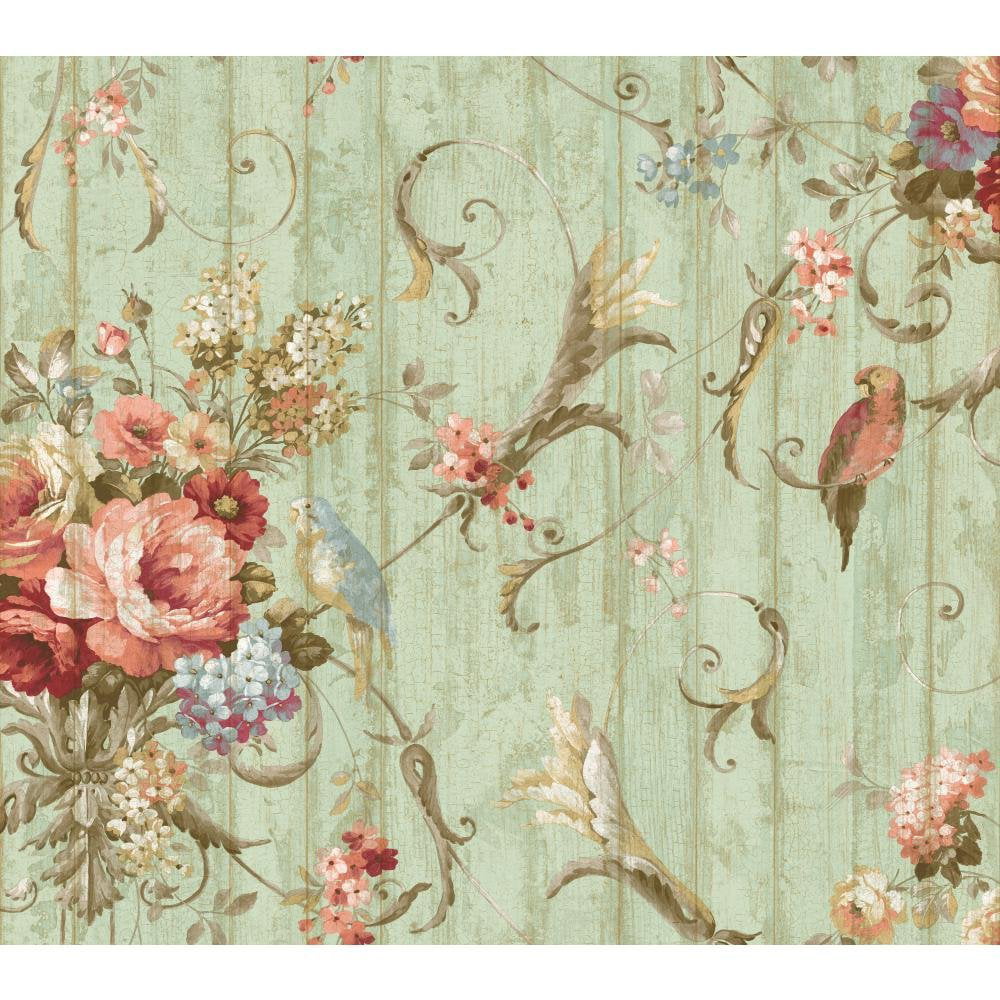 Parrot Floral Bouquets Wallpaper HA1326 bird green rose blue SureStrip 60 sq ft 