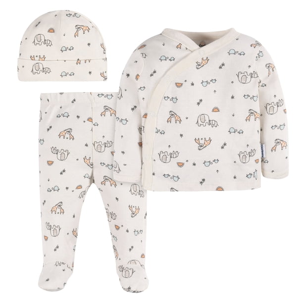 Gerber Essentials conjunto bebé 3 pzs algodón blanco con gorro y pantalón suave