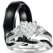 LaRaso & Co His Her Wedding Ring Set Trio Sterling Silver Black Wedding Band Engagement Ring Set 8/12