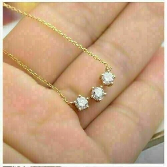 1.50Ct Round Cut Lab Created Diamond Beautiful Three Stone Pendant 14K Yellow Gold Plated 18" Chain