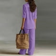 thumbnail image 4 of Women's Sets 2 Piece Outfits Cotton Linen Button Down Long Sleeve Shirts and Pants with Pockets Wide Leg Elastic Waist Set Travel Spring Summer Vacation Loose-Fit Walking Outfits Tracksuit,Purple M, 4 of 4