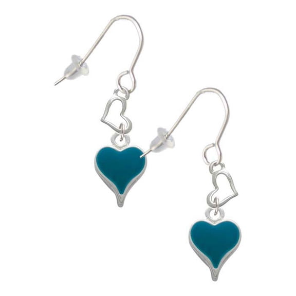 Silvertone Small Long Dark Teal Heart Heart French Earrings