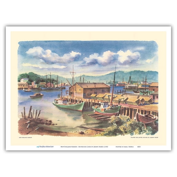 New England Harbor - United Air Lines - Vintage Airline Travel Poster by Joseph Fehér c.1955 - Master Art Print (Unframed) 9in x 12in