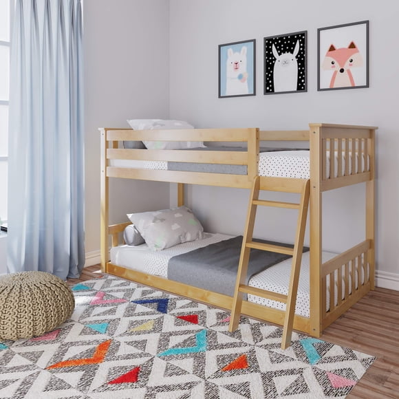 Max & Lily Low Bunk Bed, Twin-Over-Twin Wood Bed Frame For Kids, Natural