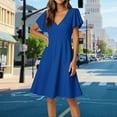 thumbnail image 3 of UoCefik Women's Ruffle Short Sleeve Deep V Neck A Line Swing Flared Cocktail Party Midi Dress Blue S, 3 of 4